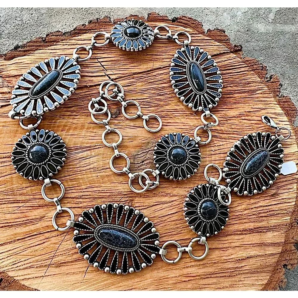 Western Concho Belt Black Stone Chain Belt Silver